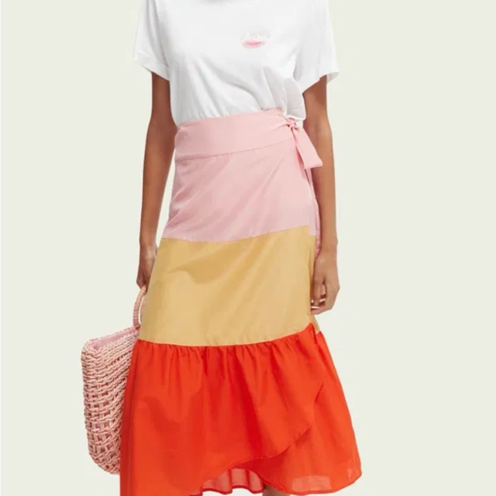 NWT Scotch & Soda Silk Colorblock Wrap Skirt - Pink, Tan, and Red